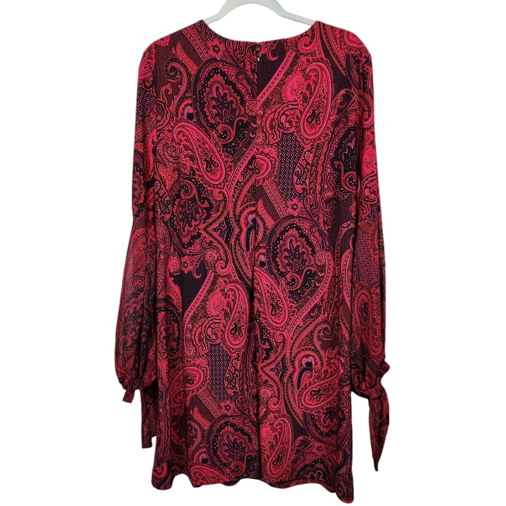 Tommy Hilfiger Red Paisley Floral Shift Dress Sheer Sleeves Women's Size 16